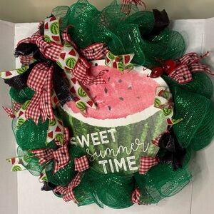 Sweet Summer Time Watermelon Holiday Wreath - Green & Pink. 22 inches round.